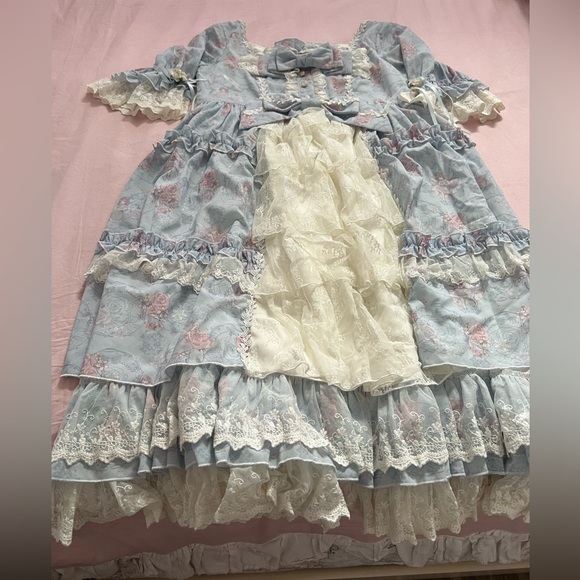 Lolita Blue and White Rococo Marie Antoinette Lace Midi Dress - Picture 3 of 6